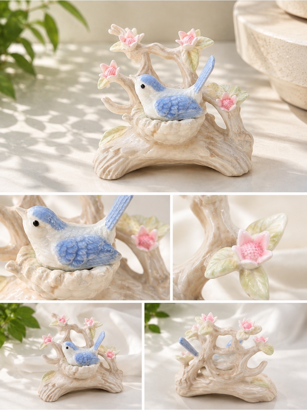 Porcelain Blue Bird on Branch Figurine with Pink Blossoms